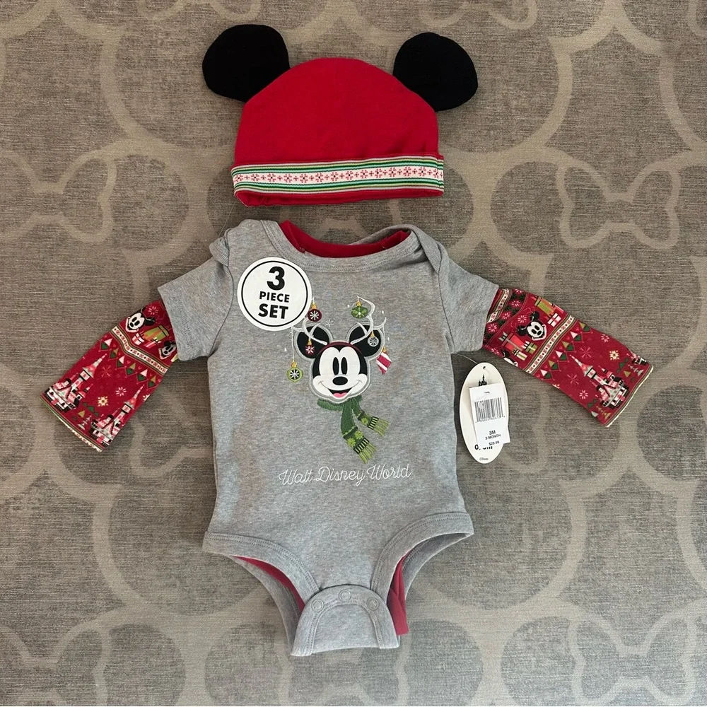 NWT Disney Mickey Christmas (2) baby onesies & Mickey ear cap